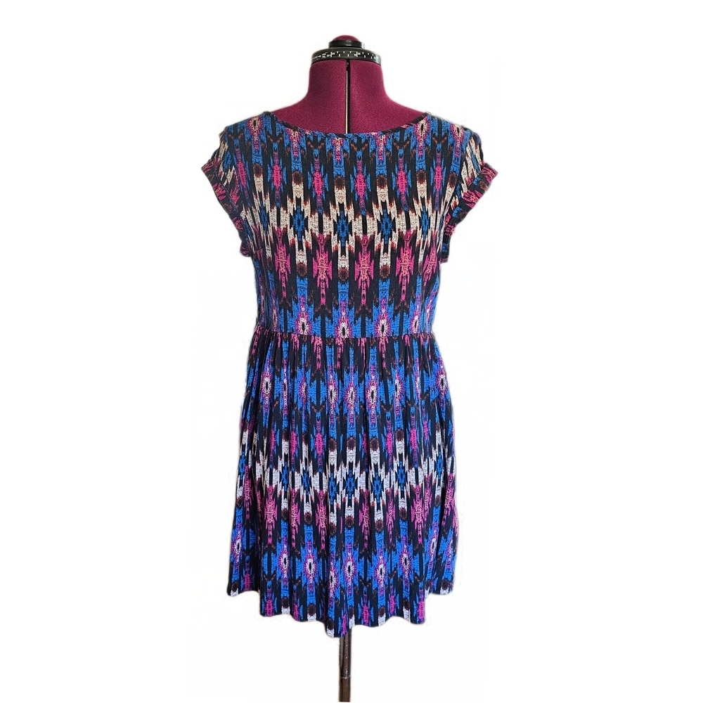Atmosphere Aztec Geometric Blue and Pink A-line Resort Midi Dress